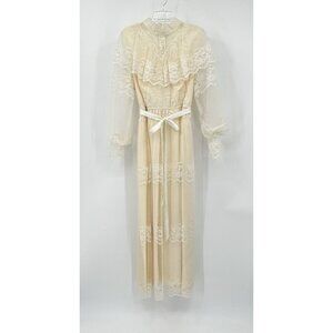 vintage 70s WEDDING DRESS bridal lace victorian boho ivory off white maxi M L